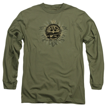Military green men's long sleeve t-shirt with Sun Records Rock Heraldry graphic