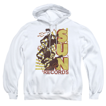 White pullover hoodie with Elvis Presley Tri Elvis graphic