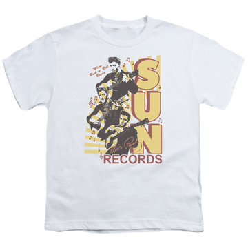 White youth t-shirt for ages 8 to 12 with Elvis Presley Tri Elvis graphic