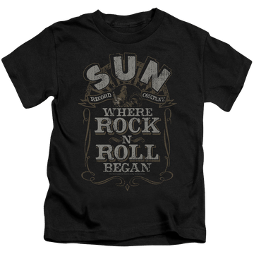 Black kid's t-shirt for ages 4 to 7 with Sun Records Where Rock Began graphic