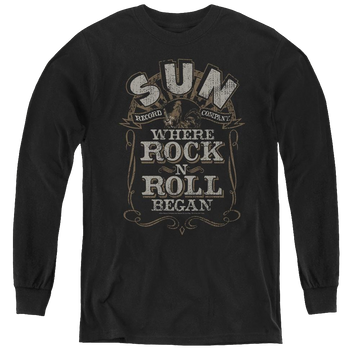 Black youth long sleeve t-shirt with Sun Records Where Rock Began graphic