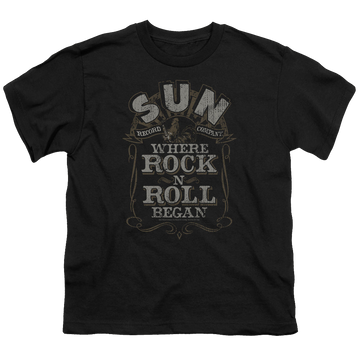 Black youth t-shirt for ages 8 to 12 with Sun Records Where Rock Began graphic