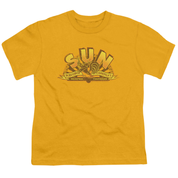 Gold youth t-shirt for ages 8 to 12 with Sun Records Rockin Rooster Logo graphic
