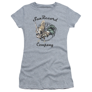 Athletic heather juniors t-shirt with Sun Records Rockin Rooster Logo graphic