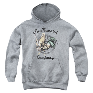 Athletic heather youth hoodie for ages 8 to 12 with Sun Records Rockin Rooster Logo graphic