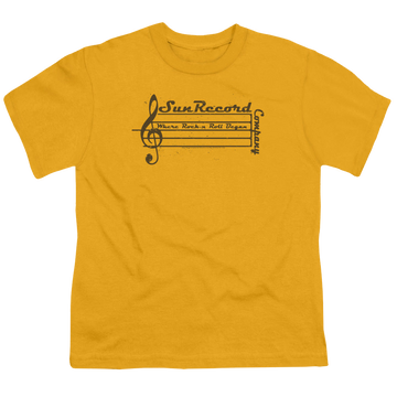 Gold youth t-shirt for ages 8 to 12 with Sun Records Music Staff graphic