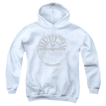 White youth hoodie for ages 8 to 12 with Sun Records Crusty Logo graphic