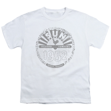 White youth t-shirt for ages 8 to 12 with Sun Records Crusty Logo graphic