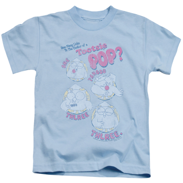 Light blue kid's t-shirt for ages 4 to 7 with Tootsie Roll Tootsie Pop Three graphic