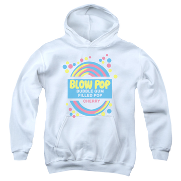 White youth hoodie for ages 8 to 12 with Blow Pop Label graphic