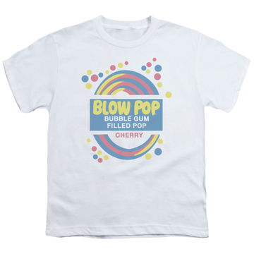 White youth t-shirt for ages 8 to 12 with Blow Pop Label graphic