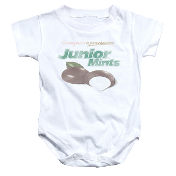 White baby bodysuit with Junior Mints Logo graphic