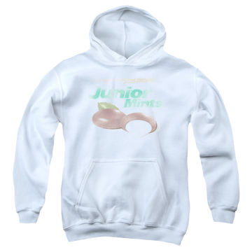 White youth hoodie for ages 8 to 12 with Junior Mints Logo graphic