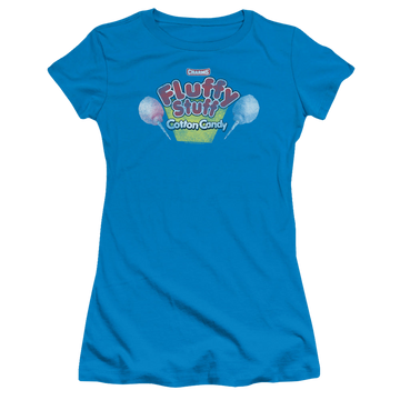 Turquoise juniors t-shirt with Tootsie Roll Fluffy Stuff Logo graphic