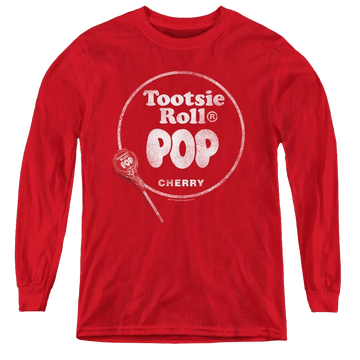 Red youth long sleeve t-shirt with Tootsie Pop Tootsie Roll Pop Logo graphic