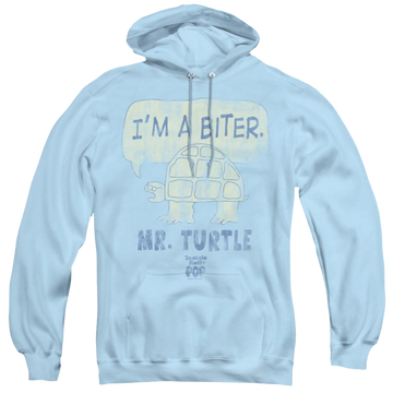 Light blue pullover hoodie with Tootsie Roll Tootsie Pop Im A Biter graphic