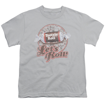 Silver youth t-shirt for ages 8 to 12 with Tootsie Roll Lets Roll! graphic