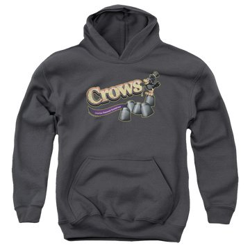 Charcoal youth hoodie for ages 8 to 12 with Tootsie Roll Crows graphic
