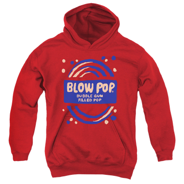 Red youth hoodie for ages 8 to 12 with Blow Pop Rough graphic