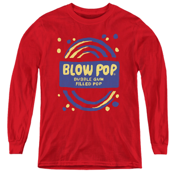 Red youth long sleeve t-shirt with Blow Pop Rough graphic