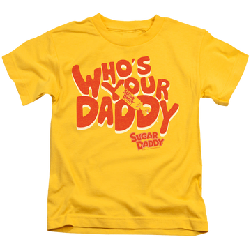 Yellow kid's t-shirt for ages 4 to 7 with Sugar Babies Sugar Daddy Whos Your Daddy graphic