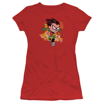 Red juniors t-shirt with Teen Titans Go! Teen Titans Go Robin graphic