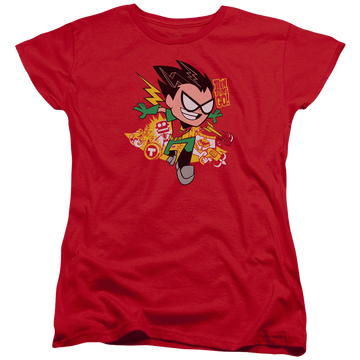 Red women's t-shirt with Teen Titans Go! Robin graphic