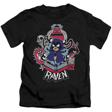 Black kid's t-shirt for ages 4 to 7 with Teen Titans Go! Raven graphic
