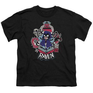 Black youth t-shirt for ages 8 to 12 with Teen Titans Go! Raven graphic