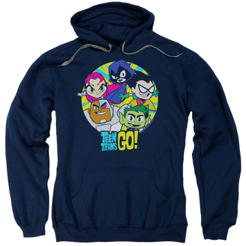 Navy pullover hoodie with Teen Titans Go! Teen Titans Go Go Go Group graphic