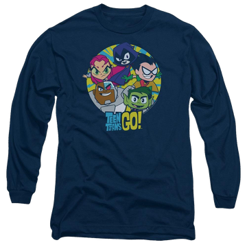 Navy men's long sleeve t-shirt with Teen Titans Go! Teen Titans Go Go Go Group graphic