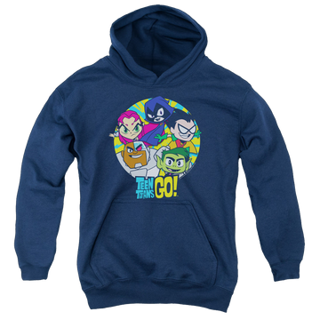 Navy youth hoodie for ages 8 to 12 with Teen Titans Go! Go Group graphic