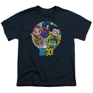 Navy youth t-shirt for ages 8 to 12 with Teen Titans Go! Go Group graphic