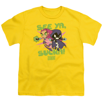 Yellow youth t-shirt for ages 8 to 12 with Teen Titans Go! See Ya graphic