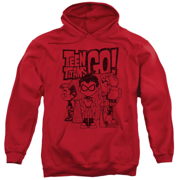 Red pullover hoodie with Teen Titans Go! Teen Titans Go Team Up graphic