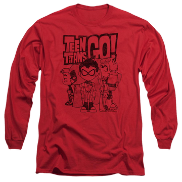 Red men's long sleeve t-shirt with Teen Titans Go! Teen Titans Go Team Up graphic