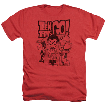 Red men's heather t-shirt with Teen Titans Go! Teen Titans Go Team Up graphic