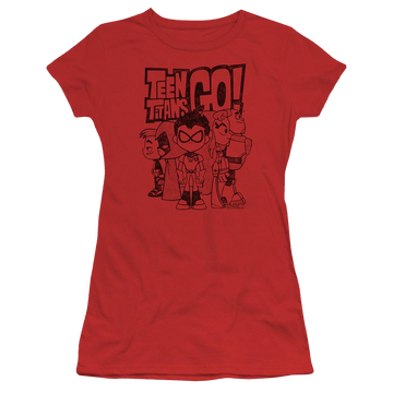 Red juniors t-shirt with Teen Titans Go! Teen Titans Go Team Up graphic
