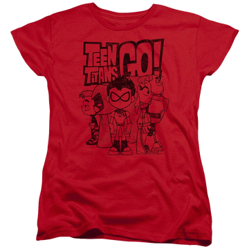 Red women's t-shirt with Teen Titans Go! Teen Titans Go Team Up graphic