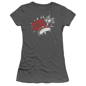 Charcoal juniors t-shirt with Teen Titans Go! Teen Titans Go Hot Dog graphic