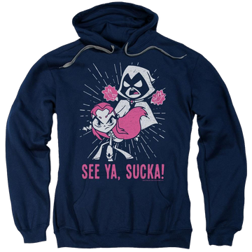 Navy pullover hoodie with Teen Titans Go! Teen Titans Go Suckas graphic