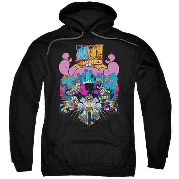 Black pullover hoodie with Teen Titans Go! Teen Titans Go Burst Through graphic