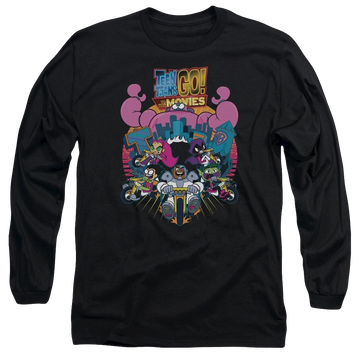 Black men's long sleeve t-shirt with Teen Titans Go! Teen Titans Go Burst Through graphic