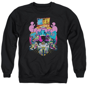 Black men's crewneck sweatshirt with Teen Titans Go! Teen Titans Go Burst Through graphic