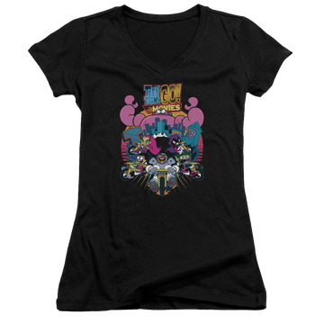 Black juniors v-neck t-shirt with Teen Titans Go! Teen Titans Go Burst Through graphic