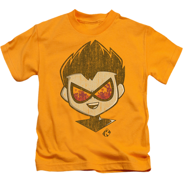 Gold kid's t-shirt for ages 4 to 7 with Teen Titans Go! Beachy Robin graphic