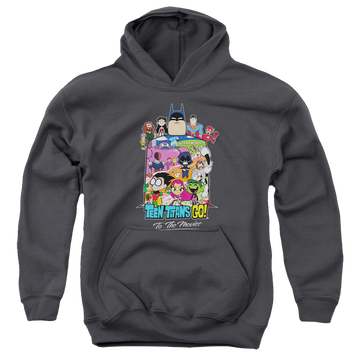 Charcoal youth hoodie for ages 8 to 12 with Teen Titans Go! Hollywood graphic