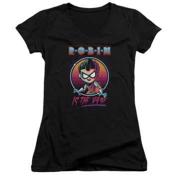 Black juniors v-neck t-shirt with Teen Titans Go! Teen Titans Go Robin graphic