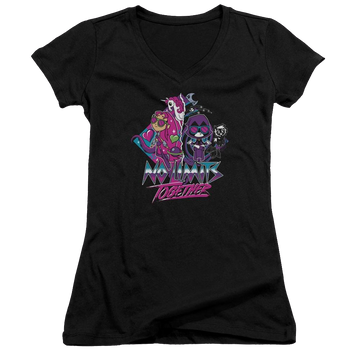 Black juniors v-neck t-shirt with Teen Titans Go! Teen Titans Go No Limits graphic