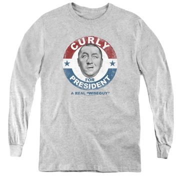 Athletic heather youth long sleeve t-shirt with The Three Stooges Curly For President graphic